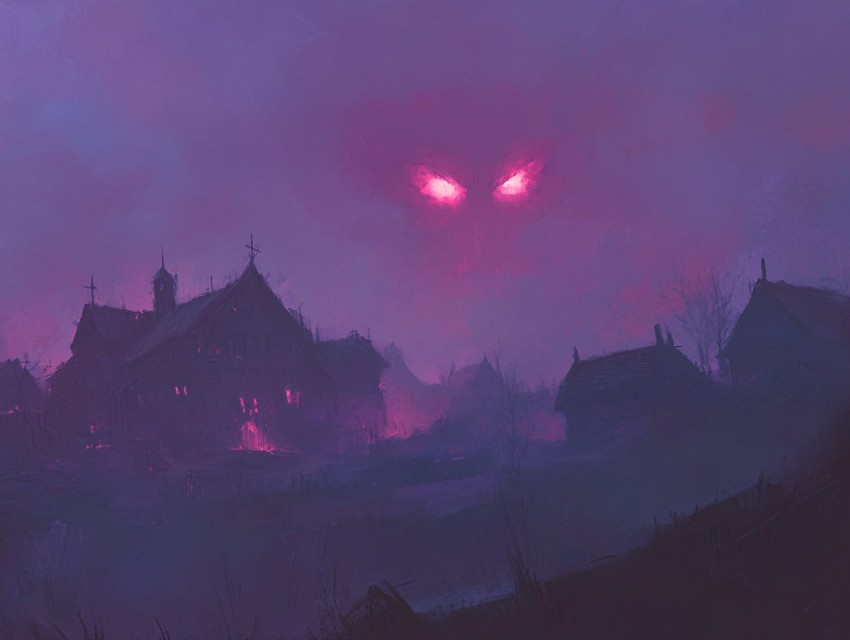 Red Glowing Eyes Over Foggy Medieval Village