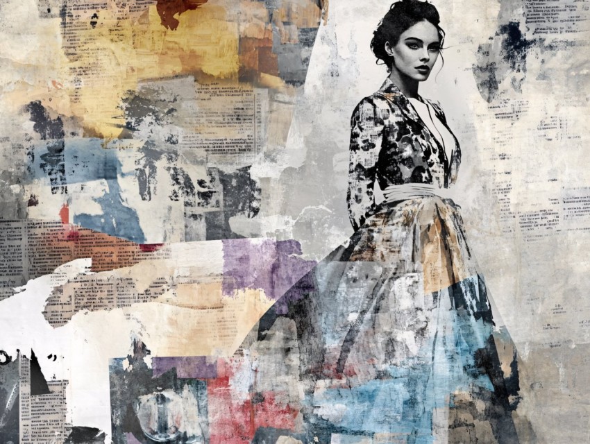 Elegant Grey Wall with Fashion Collages and Abstract Art