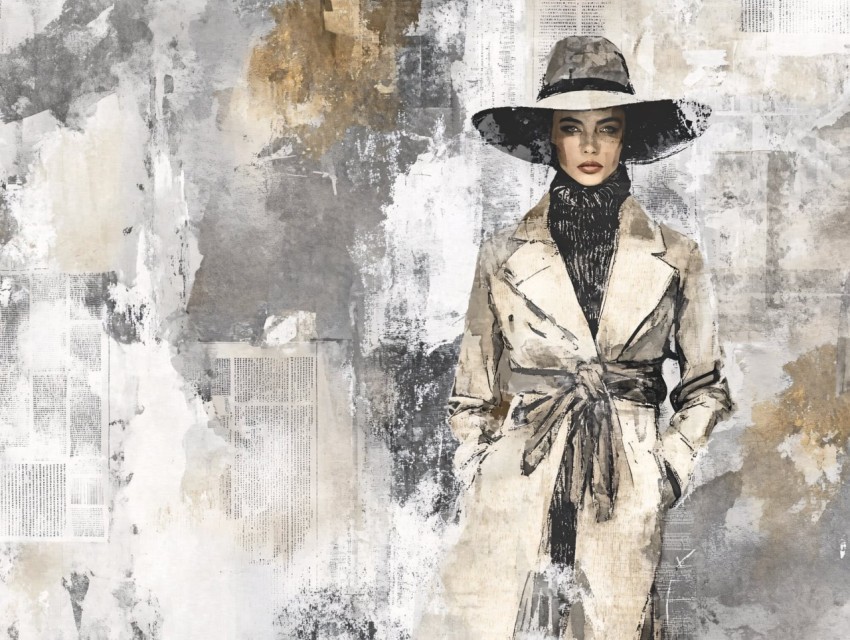 Grey Wall with Fashion Collages and Abstract Elements