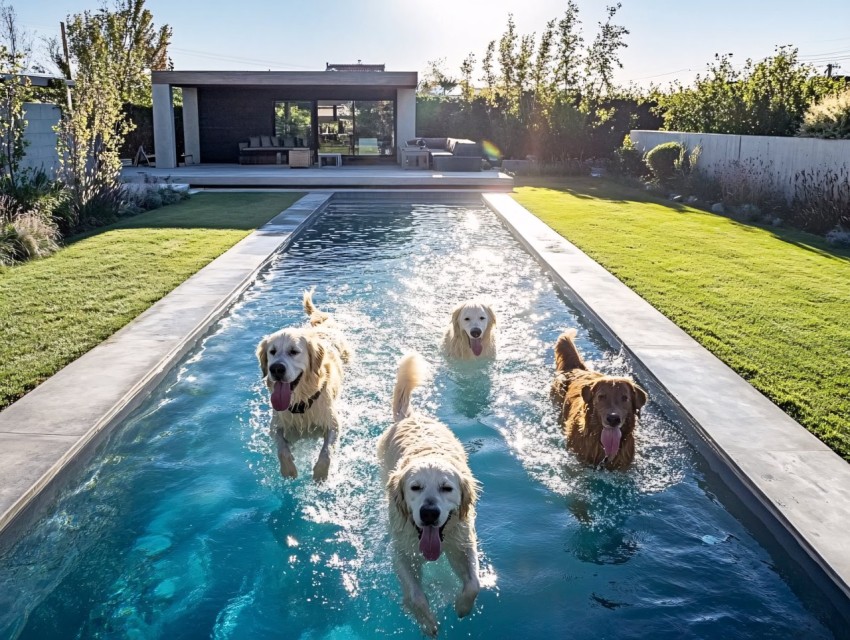 Happy Dogs Splashing in Pool on Sunny Afternoon