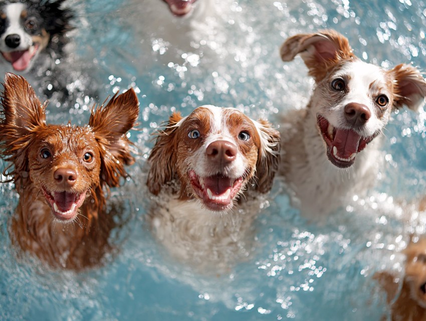 Happy Dogs Playing in Pool on a Sunny Day