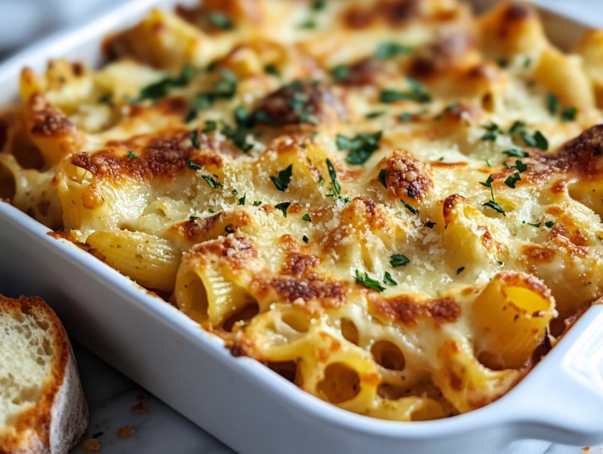 Pasta Bake with Garlic Bread on Side