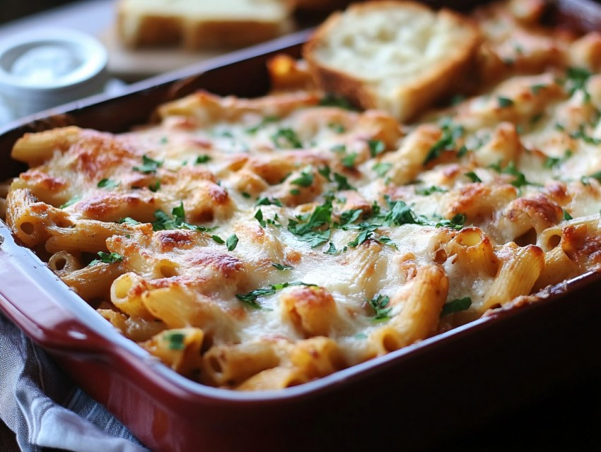 Pasta Bake with Garlic Bread in Classic Style