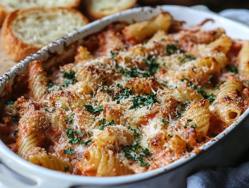 Pasta Bake with Garlic Bread on Rustic Plate