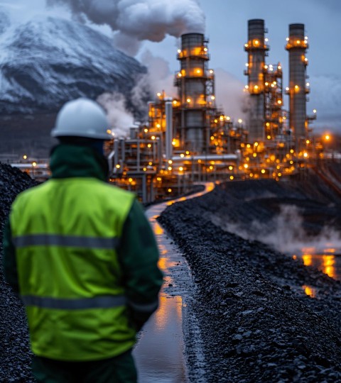 Industrial Power Plant with Worker in Safety Jacket