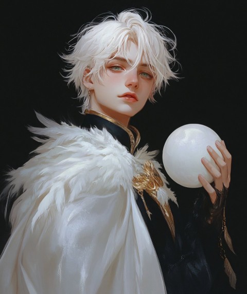 Anime Boy with White Hair and Feather Trim Cape