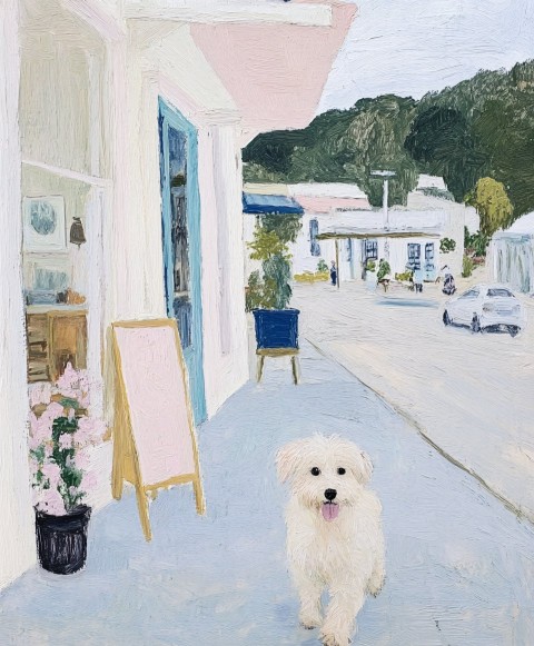 Bellingen Cafe Painting with Little Dog in Rain