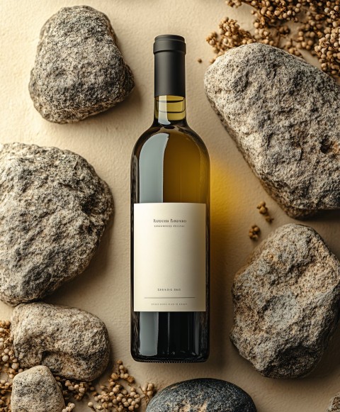 Riesling Wine Bottle on Rocks Product Photography