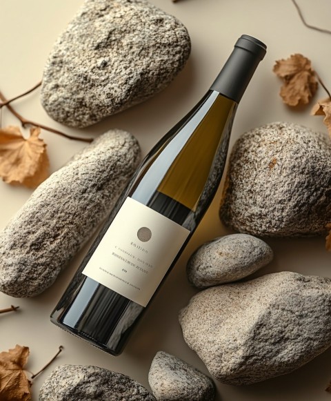 Riesling Wine Bottle on Beige Background Minimalist Shot