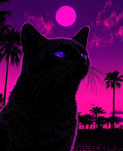 Vaporwave Wizard Cat on Synthesizer Beach