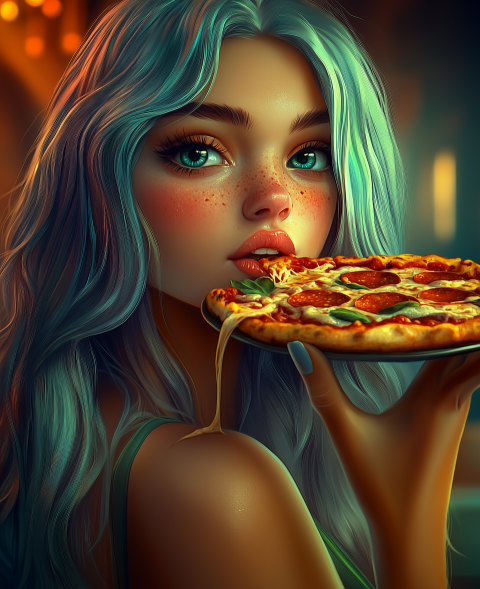 Dreamy Portrait of a Woman Enjoying Pizza in Warm Lighting