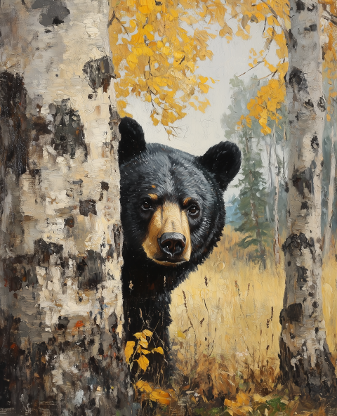 Black Bear Peeking Behind Birch Trees in Autumn Forest