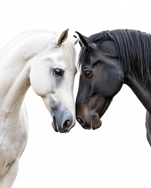 White Horse and Black Stallion in Tender Portrait