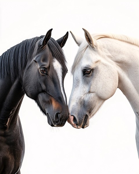 White Horse and Black Stallion in Gentle Embrace