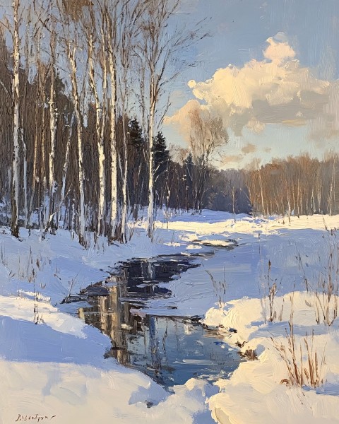 Dramatic Winter Landscape Oil Painting with Icy Colors