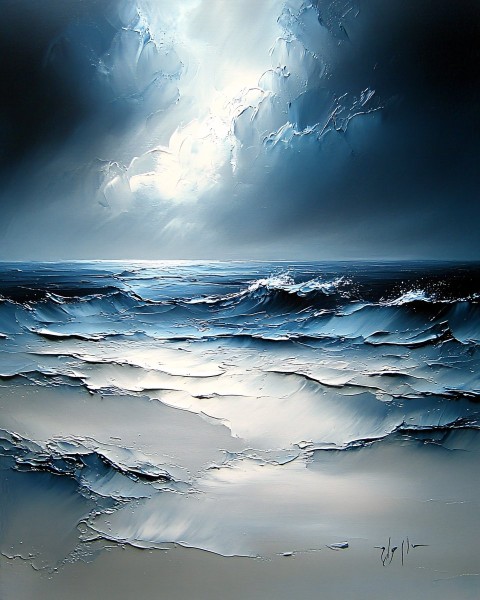 Dramatic Winter Landscape Oil Painting with Icy Colors