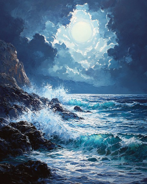 Dramatic Ocean Waves Oil Painting with Thick Brushstrokes