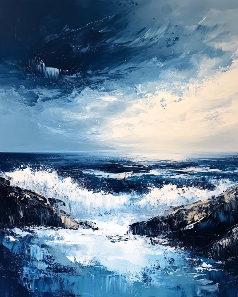 Dramatic Ocean Waves Oil Painting with Stormy Sky