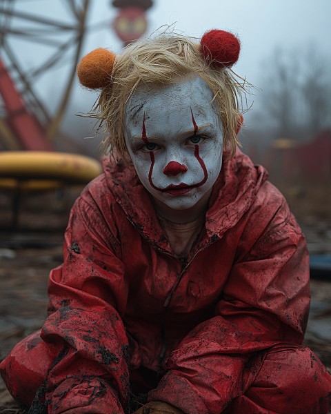 Sinister Clown Boy in Abandoned Amusement Park