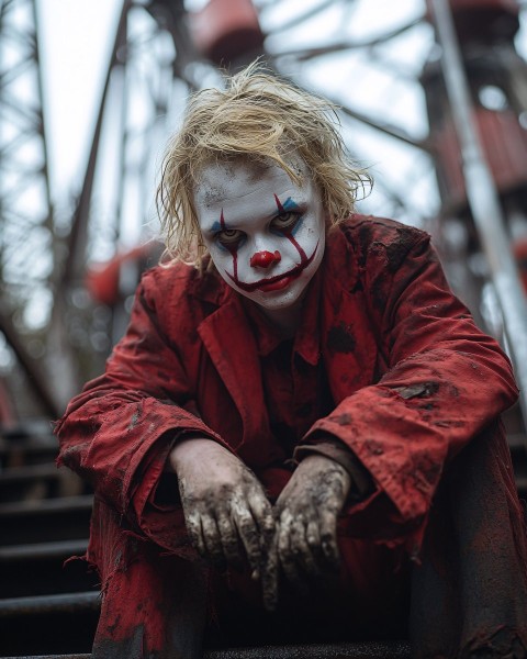 Sinister Clown Boy in Abandoned Amusement Park Scene