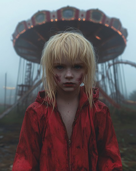 Sinister Clown Boy in Abandoned Amusement Park Photo