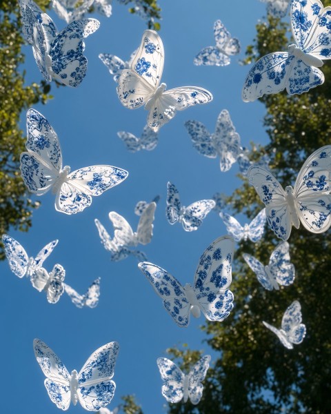 White Butterflies with Floral Porcelain Patterns in Sky