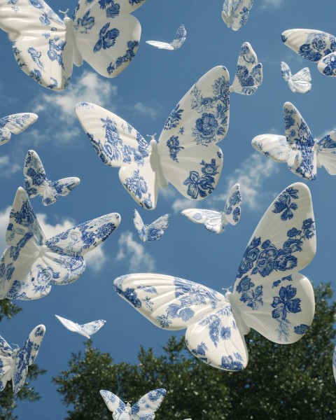 Porcelain Pattern Butterflies in Blue Sky with Sunlight