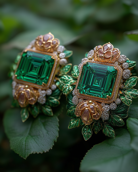 Exquisite Emerald and Diamond Earrings with Floral Design