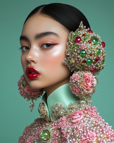 Exquisite Woman Adorned in Gem-Encrusted Floral Attire