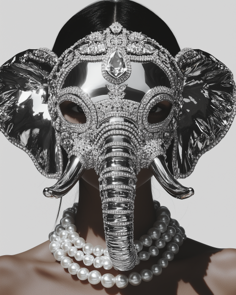 Woman Wearing Ornate Silver Elephant Mask and Pearl Necklace