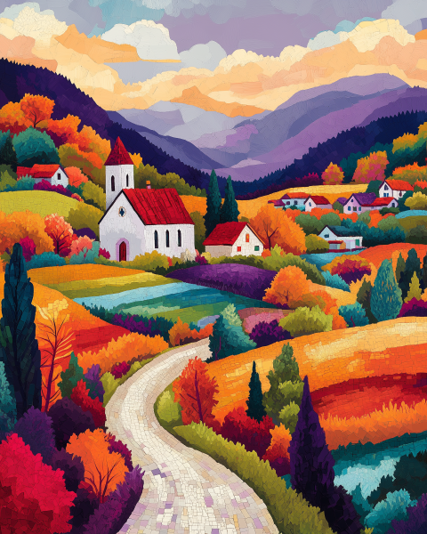 Colorful Mosaic Countryside Landscape with Church and Autumn Foliage