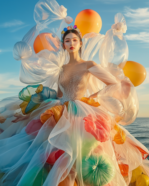 Fashion Model in Avant-Garde Balloon-Inspired Dress at Sunset