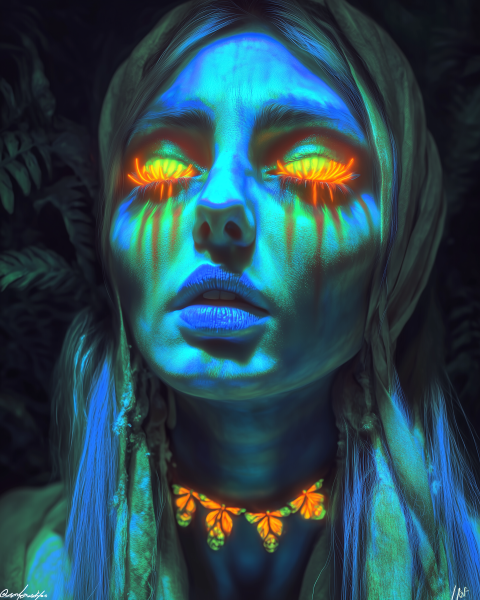 Neon Glowing Woman with Luminous Eyes and Butterfly Necklace