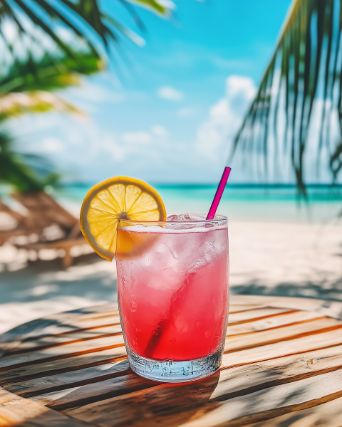 Refreshing Pink Cocktail with Lemon on Tropical Beach