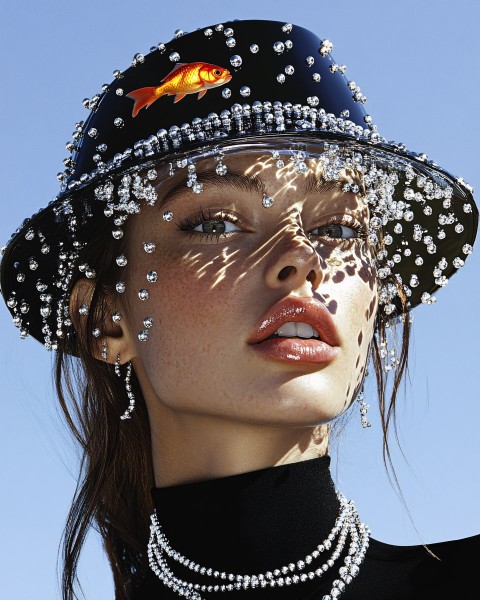 Woman Wearing Aquarium Hat with Goldfish and Jewels