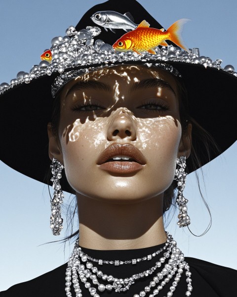 Aquarium Hat Fashion Portrait with Goldfish and Jewels