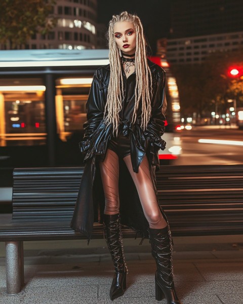 German Woman in Black Leather Coat Posing at Night