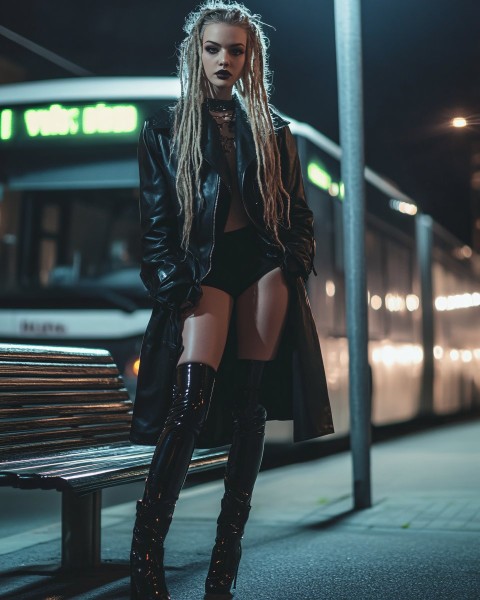 German Woman in Black Leather Coat at Nighttime Bus Stop