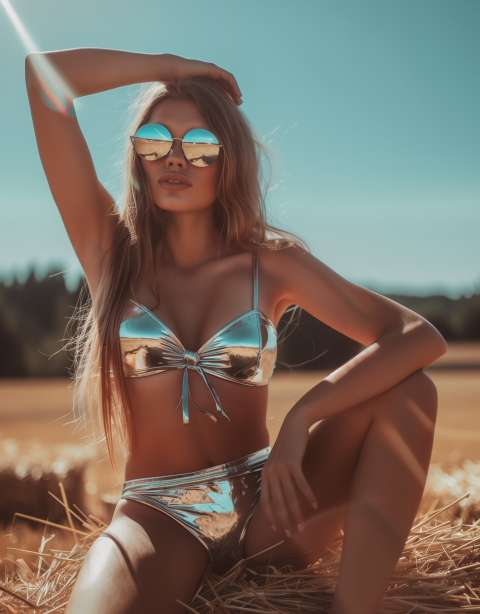 Stylish Woman in Metallic Bikini Relaxing in the Sun - Summer Vibes