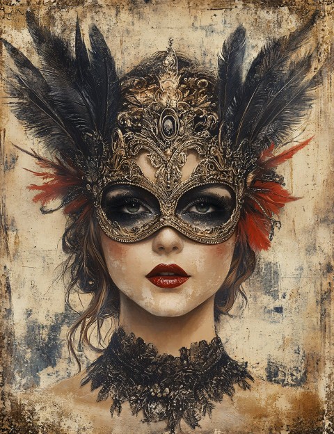 Vintage Masked Woman Poster with Feathers and Fantasy Style