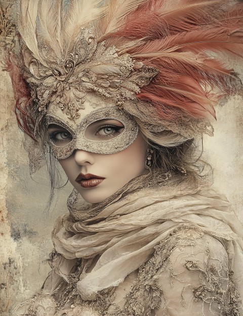 Vintage Woman in Ornate Mask and Feathered Costume Poster