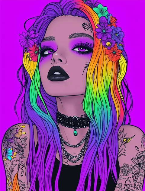 Vibrant Punk Portrait with Rainbow Hair and Floral Details