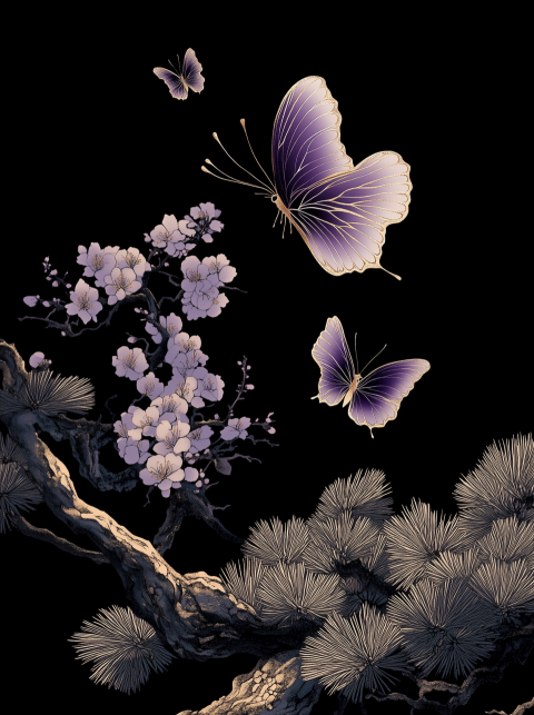 Elegant Purple Butterflies and Cherry Blossoms on Black Background