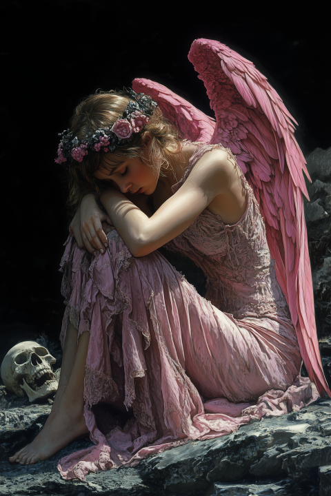 Melancholic Pink-Winged Gothic Angel Sitting in Despair