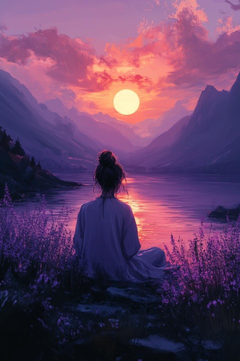 Woman landscape violet sunset on Lake in the mountions