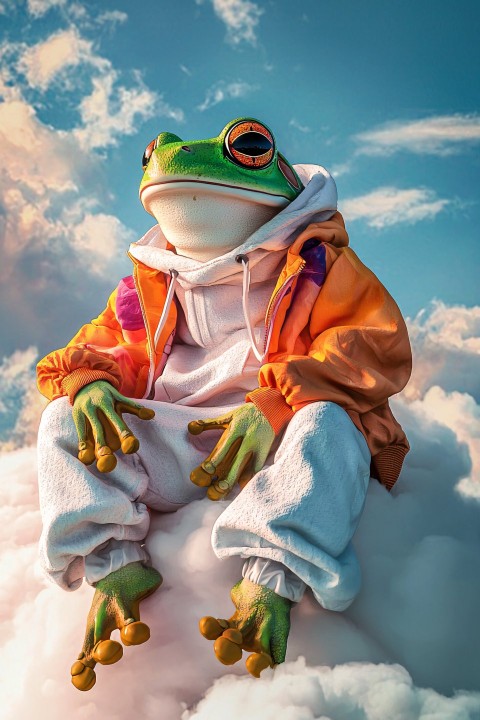 Colorful Frog in Trendy Streetwear on Clouds