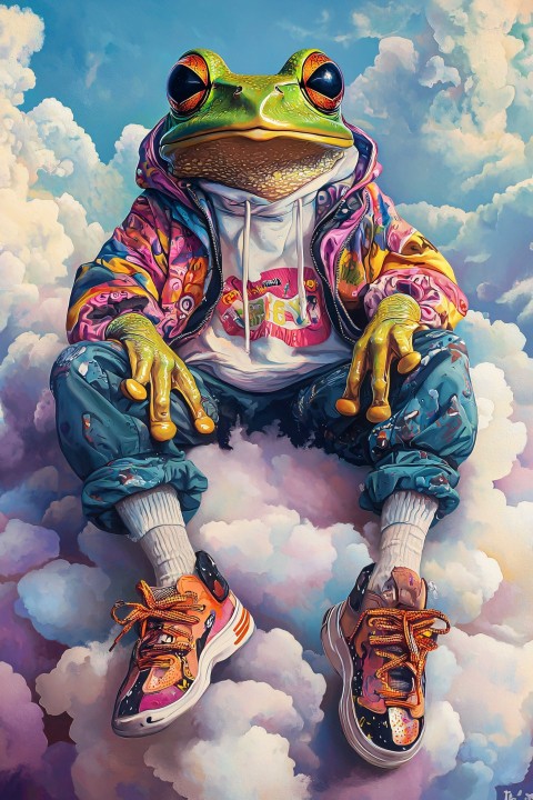 Trendy Frog Lounging in Cloudscape Streetwear