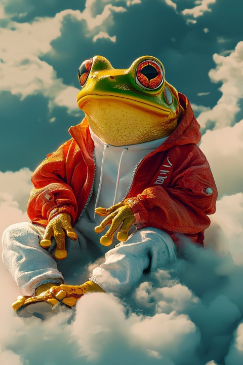 Colorful Frog in Oversized Streetwear on Clouds