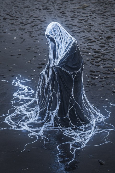 Haunting Portrait of La Llorona on Black Sand