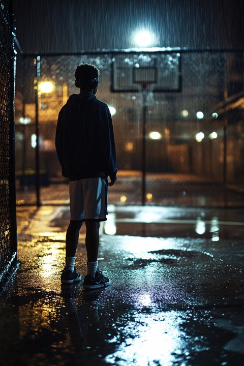 Teenager Playing Basketball in Rainy Night